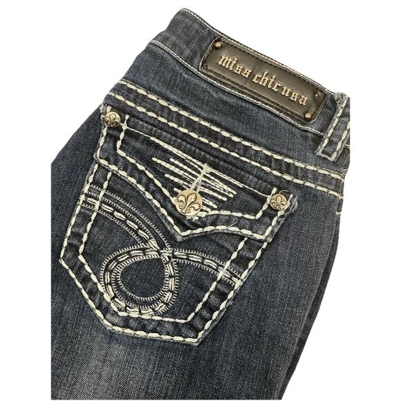 Miss Chic Women’s Jeans Size 5 Dark Wash Bootcut Embroidered Pocket EUC - Picture 1 of 16